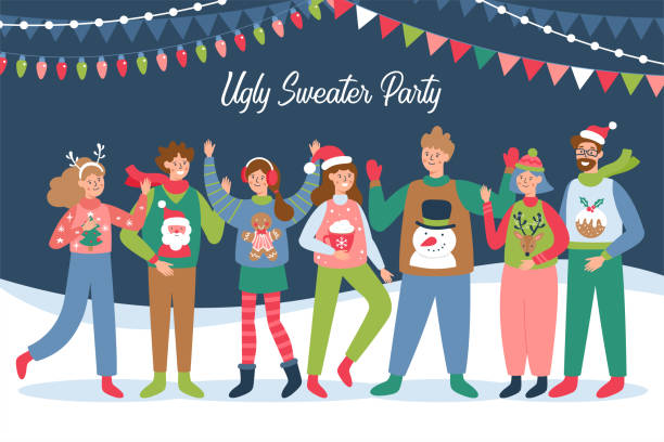 Happy friends in ugly sweaters celebrating Christmas and New Year holidays. Group of people enjoing festival or party Happy friends in ugly sweaters celebrating Christmas and New Year holidays. Group of people enjoing festival or party christmas sweater stock illustrations