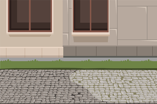 Town building exterior and pavement background. House facade basement, grass lawn and stone footpath flat vector illustration. Paving slabs, sidewalk backdrop. City architecture concept