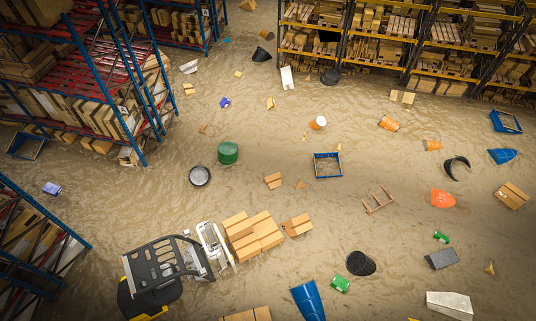 interior of a warehouse full of goods damaged by a flood of water and mud. 3d render image