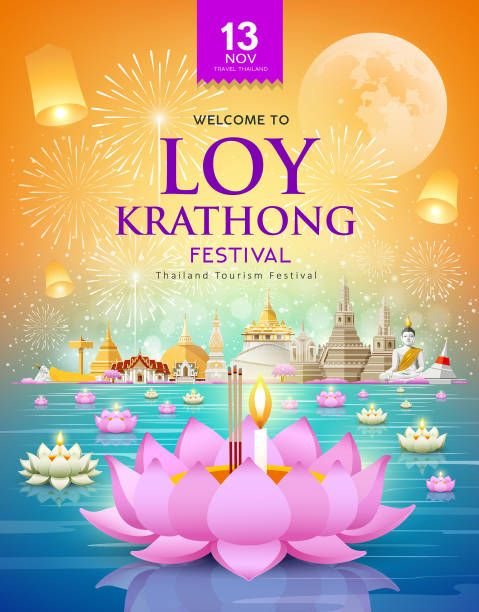 loy krathong festival reisen thailand poster design hintergrund - wat stock-grafiken, -clipart, -cartoons und -symbole