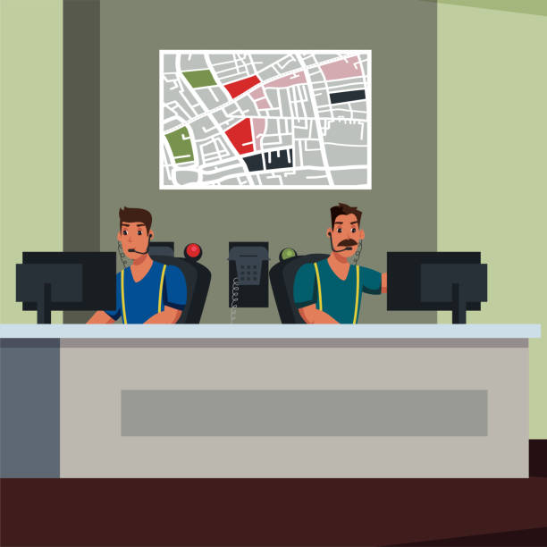 Emergency service operators flat illustration Emergency service operators flat illustration. 911 call center workers with headset cartoon vector male characters. Helpdesk, city map hanging on wall composition. Helpline, hotline dispatchers dispatcher stock illustrations