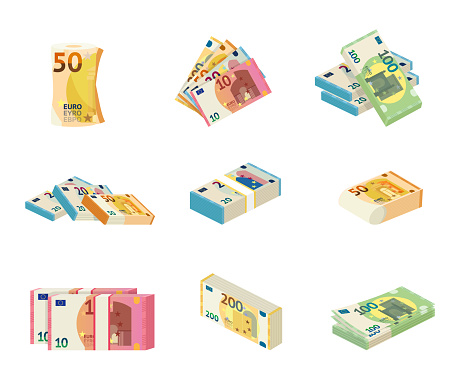 Euro bill stacks flat vector illustrations set. Paper cash, banknotes heaps, various european money. Banking business, budget growth isolated design elements. Salary payment, capital increase