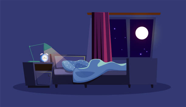 Empty bedroom at night flat vector illustration Empty bedroom at night flat vector illustration. Apartment, dormitory room with no people inside. Alarm clock, lamp on nightstand, unmade bed and full moon in window composition on blue background bedroom illustrations stock illustrations