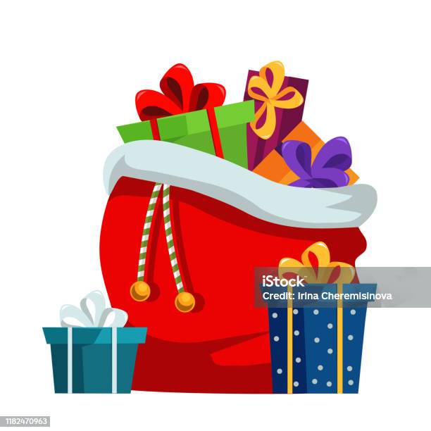 Christmas Presents Sack Flat Vector Illustration - Arte vetorial de stock e mais imagens de Prenda de Natal - Prenda de Natal, Pai Natal, Prenda