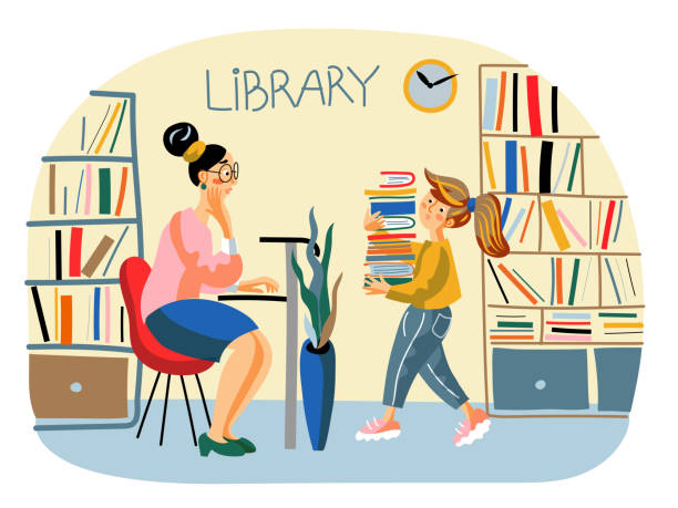 illustrations, cliparts, dessins animés et icônes de illustration de vecteur plat de bibliothèque publique et d'école - librarian
