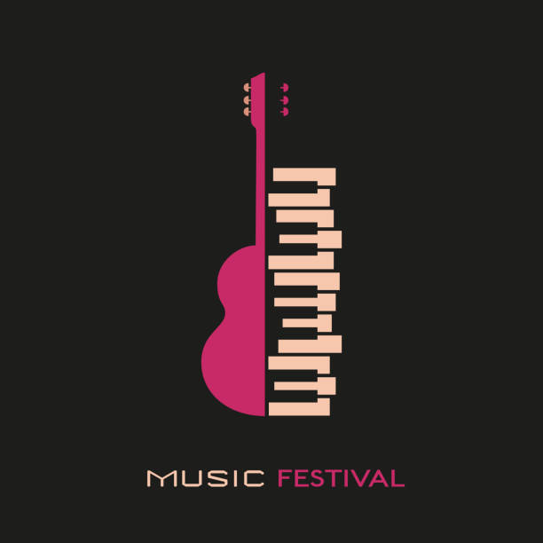 Guitar and piano hand drawn flat colorful music vector icon Guitar piano hand drawn flat colorful music vector icon. Classic Guitar piano keyboard silhouette design element. Vintage musical instrument emblem template. Advertising event background illustration piano key stock illustrations