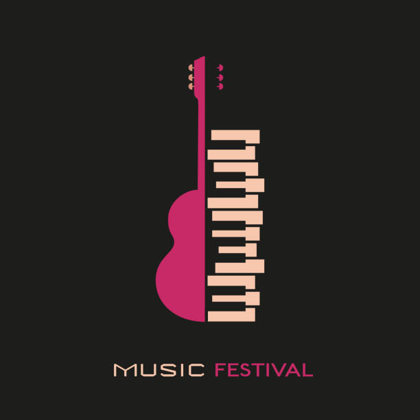 Guitar and piano hand drawn flat colorful music vector icon Guitar piano hand drawn flat colorful music vector icon. Classic Guitar piano keyboard silhouette design element. Vintage musical instrument emblem template. Advertising event background illustration play day stock illustrations