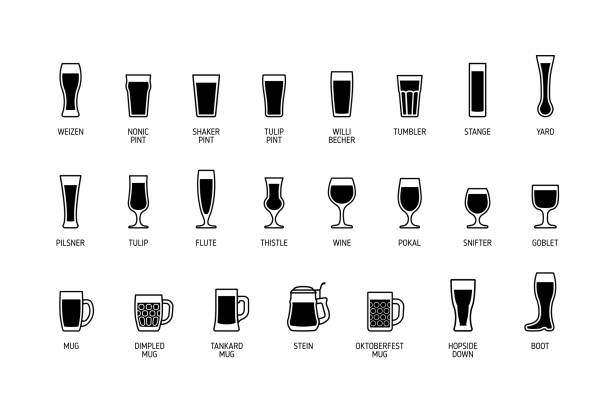 ilustrações, clipart, desenhos animados e ícones de vidros de cerveja com títulos, ícones preto e branco. vetor - beer glass
