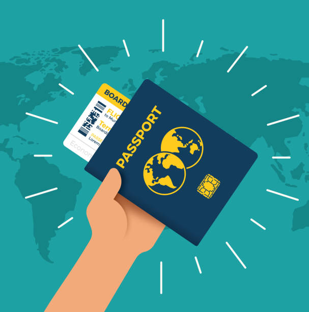 illustrazioni stock, clip art, cartoni animati e icone di tendenza di passport world traveler - globe human hand earth world map