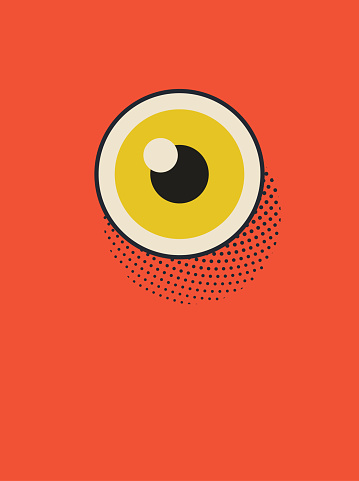 Vector illustration of a poster depicting a wide open eye, a watcher, a vigilante. Design element great as a background, wallpaper, landing page, book cover, illustration for the media and news blogs, social media platforms and a wide array of design projects. The illustration has a vintage style, a pop art touch and a soft half tone texture.