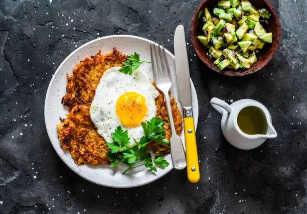 Sweet potato rostis with fried egg and avocado salsa on dark background, top view