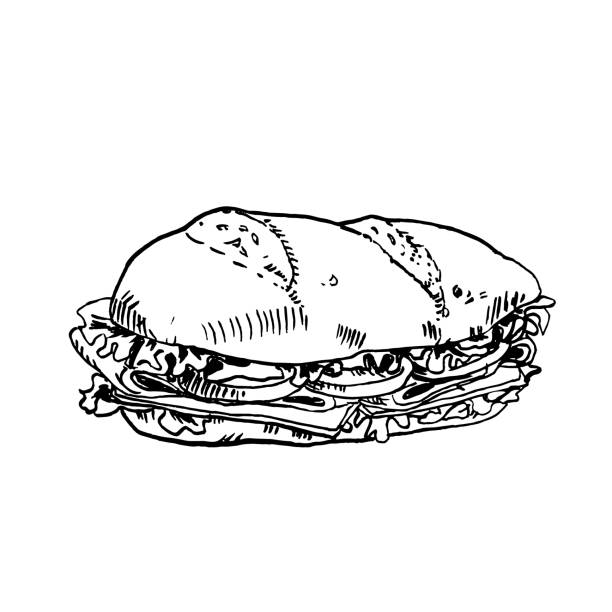 Hand drawn in ink sketch sub sandwich. Vector black and white vintage illustration. Isolated object on white background. Menu design Hand drawn in black ink drawing of steak sub sandwich. Vector black and white vintage illustration. Isolated object on white background. For menu and logo design. Engraved like meat clipart stock illustrations