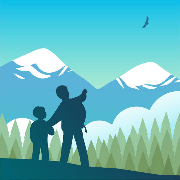 Silhouette Of A Father And Son On Nature Against The Backdrop Of The  Mountains Stock Illustration - Download Image Now - iStock