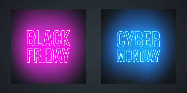 black friday sale i cyber monday sale neonowe znaki promocyjne na promocję sprzedaży. - cyber monday stock illustrations