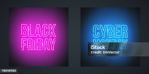 黑色星期五銷售和網路星期一銷售霓虹燈促銷標誌促銷向量圖形及更多黑色星期五 - 購物活動圖片 - 黑色星期五 - 購物活動, 霓虹燈, 霓虹色