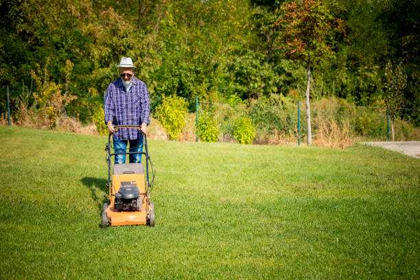 Senior man pushing a lawnmower round a lawn