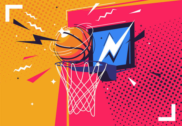 vektor-illustration eines basketballs, der in den ring fliegt, im stil der pop-art - basketball hoop illustrations stock-grafiken, -clipart, -cartoons und -symbole