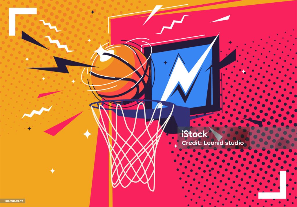 Vector illustratie van een basketbal vliegen in de ring, in de stijl van de pop-art - Royalty-free Basketbal - Teamsport vectorkunst