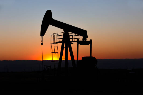 vista del pumpjack del pozzo petrolifero (testa di cavallo) all'industria petrolifera al tramonto - oil derrick crane crane exploration foto e immagini stock