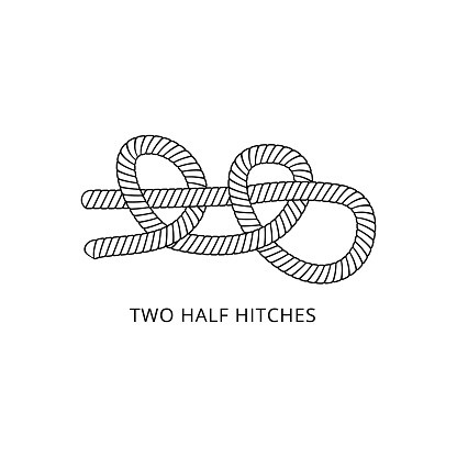 Two half hitches - nautical knot with rope tied into double bend loop, marine string hitch for boat safety, black and white isolated vector illustration on white background