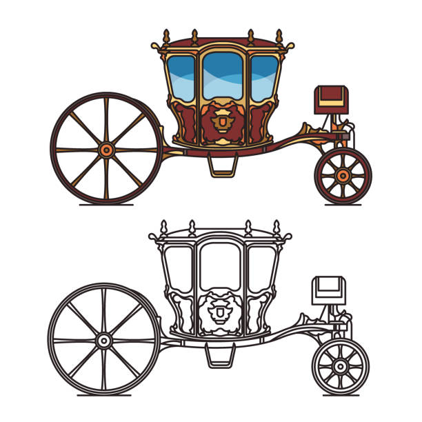 Retro royal chariot, vintage carriage for wedding Retro royal chariot or vintage carriage for wedding, Berlinda Da Casa Real or old victorian transport, contour of medieval wagon. Brougham or britzchka, perth-cart icon. Victorian cab or stagecoach caleche stock illustrations
