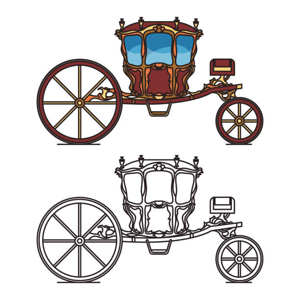 Sleeper trolley for marriage or royal carriage Dormeuse chariot for marriage or royal vintage carriage, medieval waggon or retro buggy. Berlinda Da Casa Real. Transport for fairytale queen or princess. Icon of old transport with contour. Wedding caleche stock illustrations