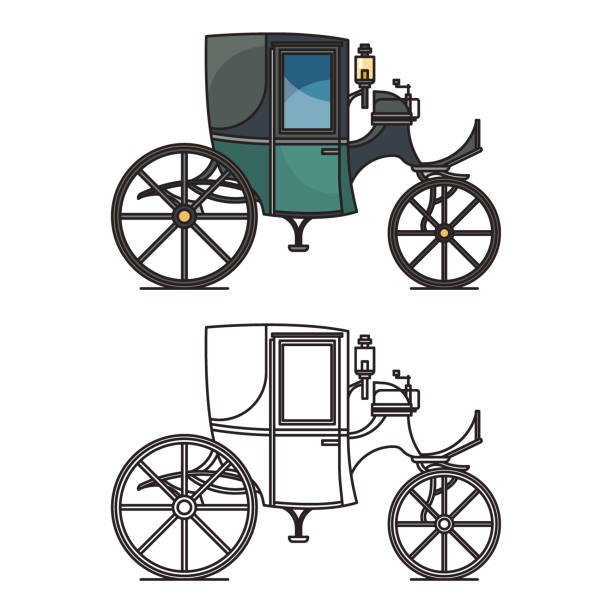 Closed XIX century automobile or electric coupe, Closed XIX century automobile or electric coupe, first motor vehicle or vintage chariot, retro carriage or close steam crew. Icon of old car or stagecoach. Transportation and auto, history theme caleche stock illustrations