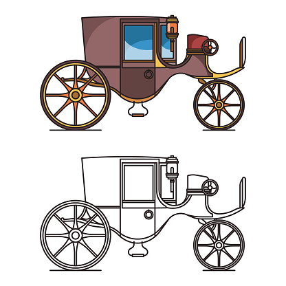 Vintage automobile or old car, XIX century cab or first electric vehicle. Carriage or chariot, buggy or wagon, wheeled dormeuse, classic stagecoach icon or clarence. Steam crew. Transportation