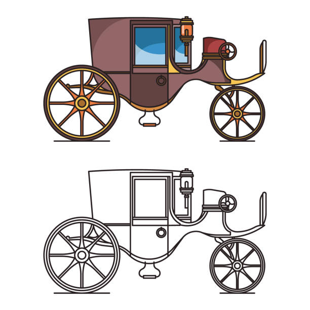 Vintage automobile or old car, XIX century cab Vintage automobile or old car, XIX century cab or first electric vehicle. Carriage or chariot, buggy or wagon, wheeled dormeuse, classic stagecoach icon or clarence. Steam crew. Transportation caleche stock illustrations