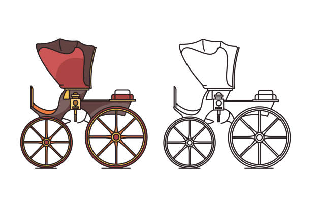 Retro vintage carriage, buggy for royal child Vintage carriage or classic chariot for royal child. Retro buggy or calash vehicle, opened caleche wagon for horse. Isolated cartoon fairytale transport for royal baby caleche stock illustrations