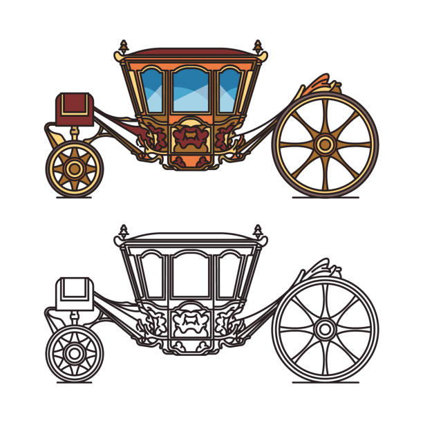 Icon of wedding chariot, medieval royal carriage. Isolated icon of wedding chariot or medieval royal carriage. Berlinda Da Casa Real or old stagecoach or brougham vehicle, landau or dormeuse transport or perth-cart, victorian cab for marriage caleche stock illustrations