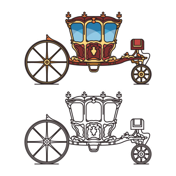 Isolated retro carriage or cab for marriage Isolated retro carriage for marriage or vintage victorian chariot for wedding, landau cart for princess or infant coach transport, contour for old fairytale clarence,outline icon of victoria cab caleche stock illustrations