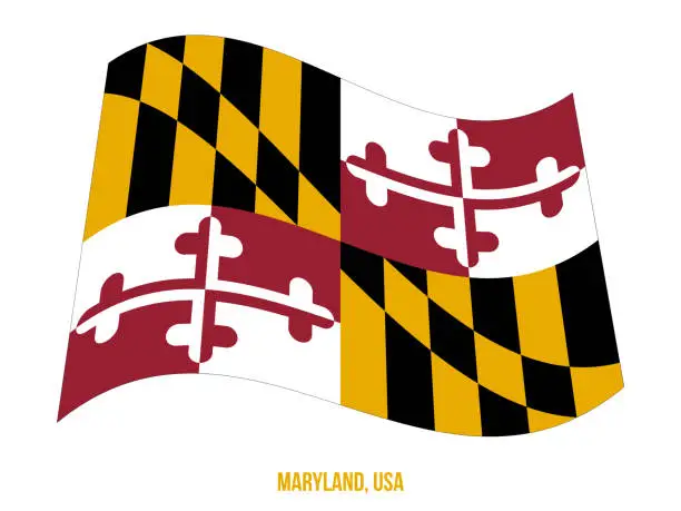 Vector illustration of Maryland Flag Waving Vector Illustration on White Background. USA State Flag