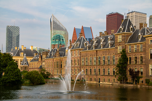 The Hague (Den Haag) city centre, Panorama of the Binnenhof at the Hofvijver lake in The Hague, the government complex houses the Senate (Eerste Kamer) and the House of Representatives (Tweede Kamer), and the office of the Prime Minister of the Netherland