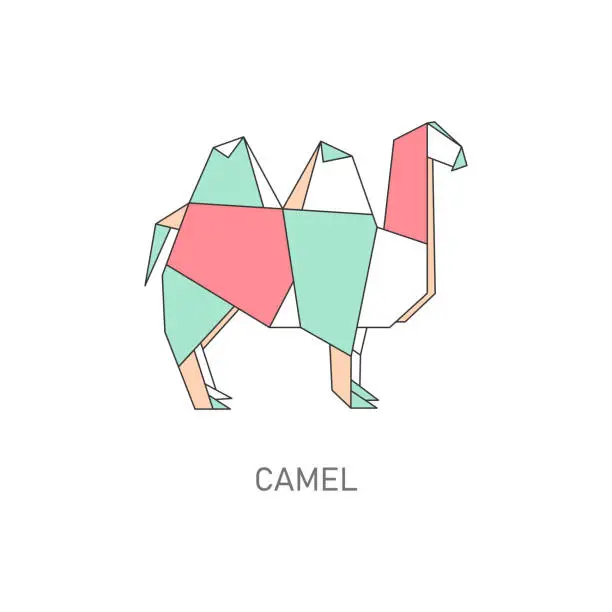 Vector illustration of Origami folded paper camel animal flat vector illustration isolated on white.