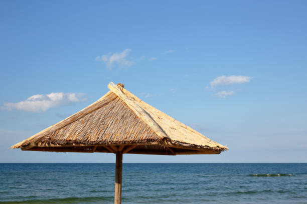 Alone beach umbrella against the blue sky and the Baltic Sea background on the summer time