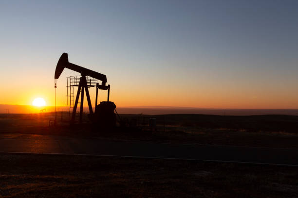 サンセットオイル産業におけるオイルウェルポンプジャック(ホースヘッド)の眺め - oil industry oil construction platform oil field ストックフォトと画像