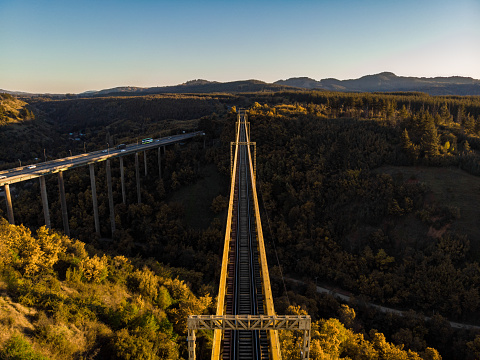 Aerial view of Malleco Viaduct at sunset, located in Araucania Region next to Collipulli, southern Chile