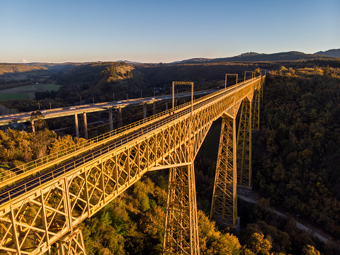 Aerial view of Malleco Viaduct at sunset, located in Araucania Region next to Collipulli, southern Chile