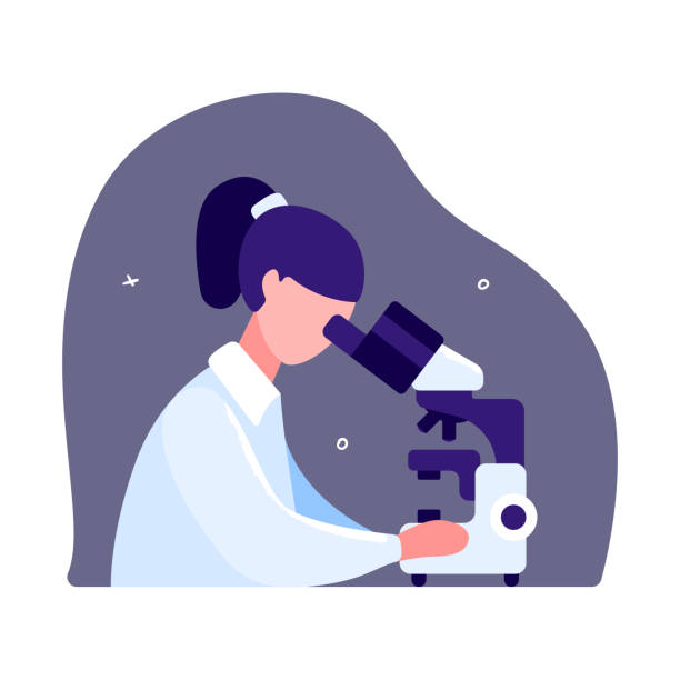 illustrazioni stock, clip art, cartoni animati e icone di tendenza di scienziata seduta a un tavolo e guardando al microscopio. - microscopio illustrazioni
