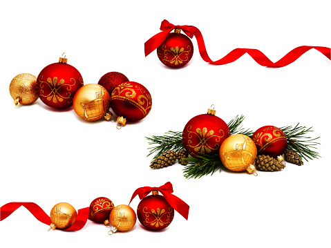 Collection of photos Christmas decoration golden yellow and red balls with ribbon fir cones and fir tree branches isolated on a white background