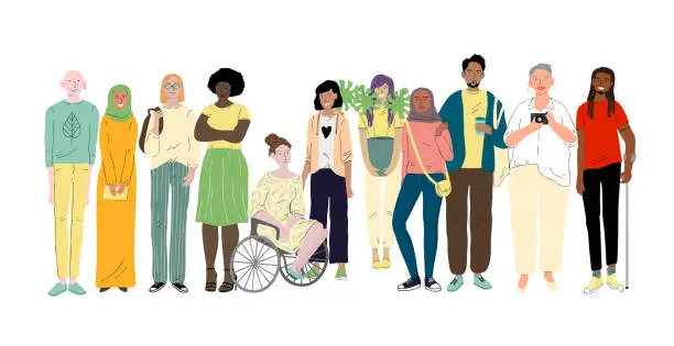 Vector illustration of Group of different young people. Social diversity