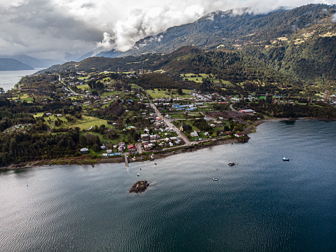 Aerial view of Cochamo village in Reloncavi Sound, Los Lagos region, southern Chile