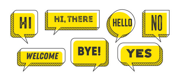 Speech Bubble. Set of 3d and 2d line speech bubble Speech Bubble. Set of 3d and 2d line speech bubble cloud talk with text Hallo, Goodbye, Ciao, Good Day. White speech bubble isolated cloud talk silhouette on yellow background. Vector Illustration chat bubble stock illustrations