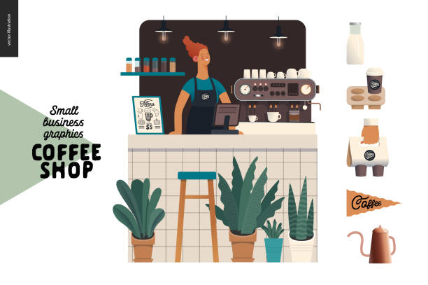 Coffee shop - small business graphics - barista Coffee shop - small business illustrations - barista - modern flat vector concept illustration of a young woman wearing apron at the bar counter, coffee maker, plants, coffee elements barista stock illustrations