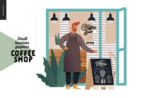 Coffee shop - small business graphics - cafe owner Coffee shop -small business illustrations -cafe owner -modern flat vector concept illustration of a coffee shop owner wearing apron in front of the shop facade, pavement sign - blackboard with menu small business illustrations stock illustrations