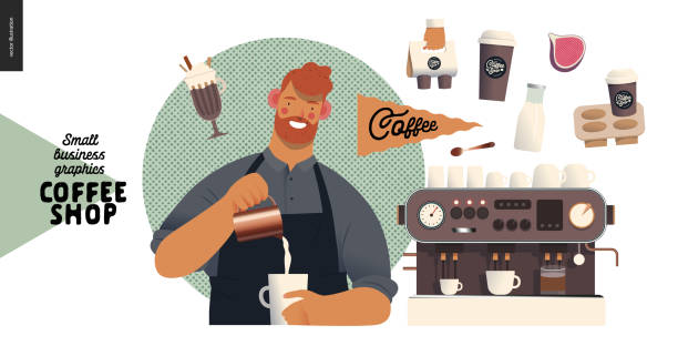 ilustraciones, imágenes clip art, dibujos animados e iconos de stock de cafetería - gráficos para pequeñas empresas - barista - chocolate pot de creme