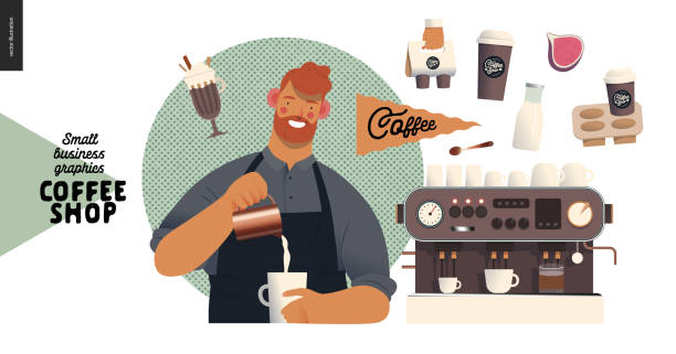 Coffee shop - small business graphics - barista Coffee shop - small business illustrations - barista - modern flat vector concept illustration of a young man wearing apron pouring whipped milk into the coffee mug, coffee maker, elements barista stock illustrations