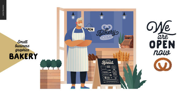 Bakery - small business graphics - cafe owner Bakery -small business illustrations -bakery owner -modern flat vector concept illustration of a baker wearing apron in front of the shop facade, pavement sign - blackboard with offering small business owner stock illustrations