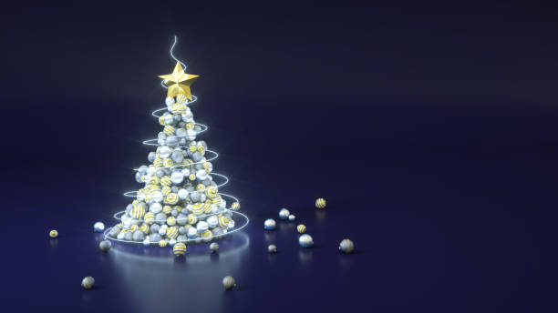 istock Christmas tree made of balls on blue background with copy space. 3d rendering illustration. Silver, gold and grey colors.Minimal Christmas creative concept 1182501703